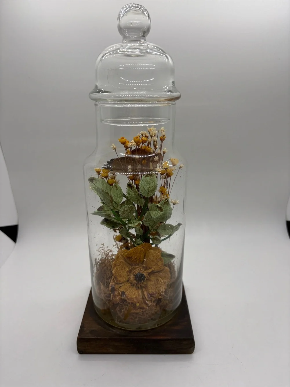 Apothecary Jar VTG Dried Flower Cloche Yellow 70s
